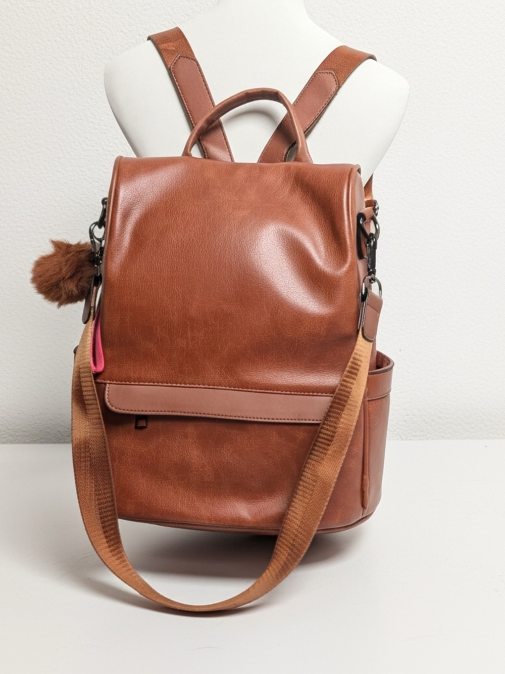 Brown Backpack purse, faux leather, antitheft, casual shoulder bag satchel